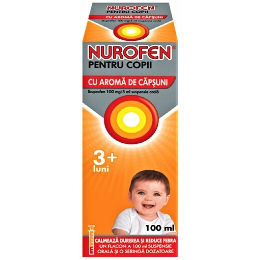 Nurofen 100mg pentru copii 3 luni aromă de căpșuni, 100 ml, Reckitt Benckiser Healthcare