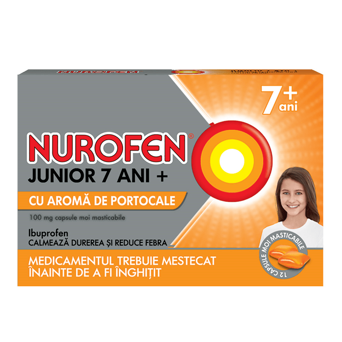 Nurofen Junior 7 ani+ 100 mg cu aromă de portocale, 12 capsule, Reckitt Benckiser