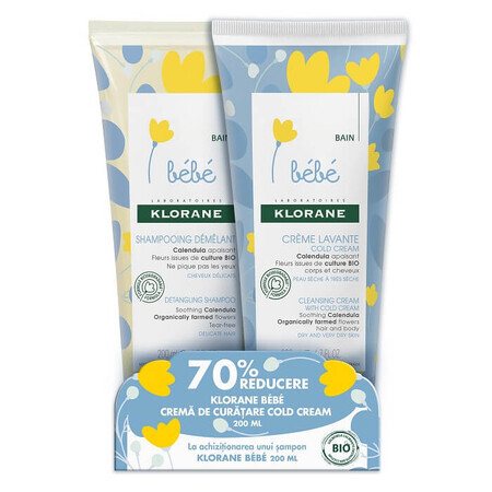 Pachet  Șampon delicat pentru descurcarea părului, 200 ml + Cremă de curățare cu Cold Cream, 200 ml, Klorane Bebe