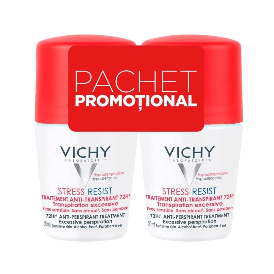 Vichy Pachet stress-resist 72h Deodorant roll-on tratament intensiv anti-transpirant, 50 ml + 50 ml