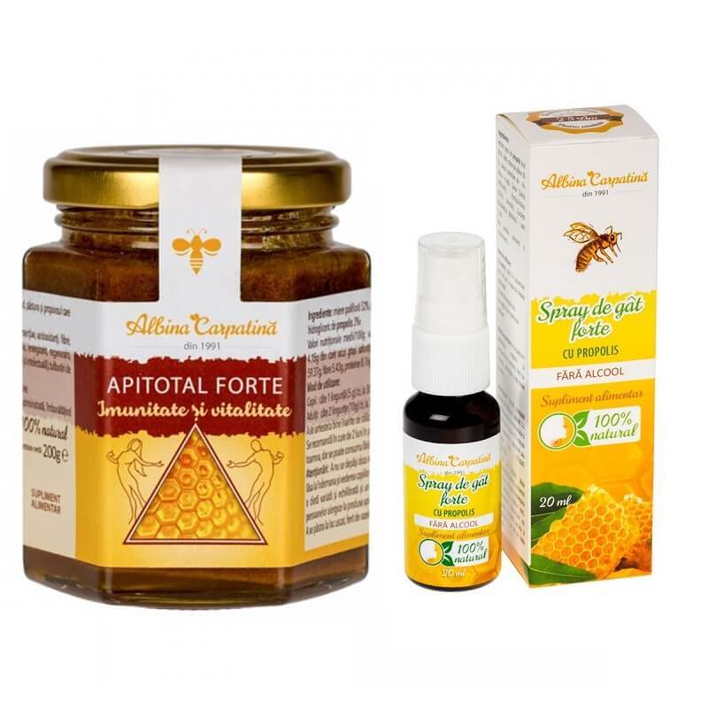 Pachet Imunitate și vitalitate, Apitotal Forte, 200 g + Spray de gât forte cu propolis fără alcool Albina Carpatină, 20 ml, Albina Carpatină