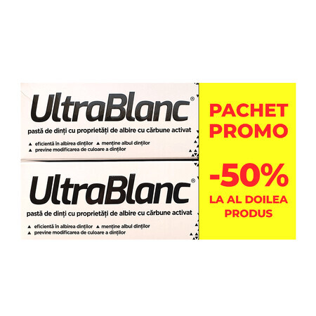 Pachet Pastă de dinți cu cărbune activat Ultrablanc, 75 ml + 75 ml, Aflofarm