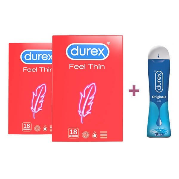 Pachet Prezervative Feel Thin, 18 + 18 bucăți + Lubrifiant Originals, 50 ml, Durex