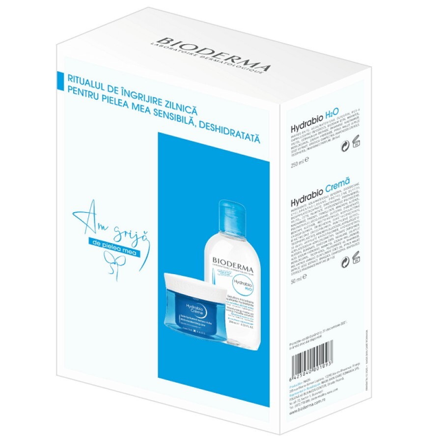 Bioderma Hydrabio H2O Pachet Soluție micelară hidratantă, 250 ml + Cremă hidratantă pentru piele sensibilă și uscată, 50 ml