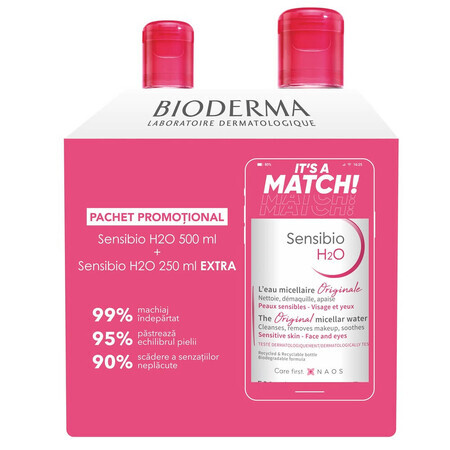 Pachet Solutie micelara Sensibio H2O, 500 ml + 250 ml, Bioderma