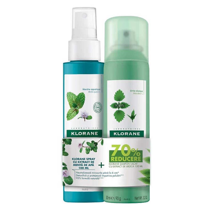 Pachet Spray detoxifiant cu extract de mentă acvatică pentru păr expus la poluare, 100 ml + Șampon uscat cu extract de urzică, 150 ml, Klorane
