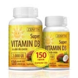 Pachet Super Vitamina D3 cu ulei de cocos 2000UI, 120 + 30 capsule, Zenyth