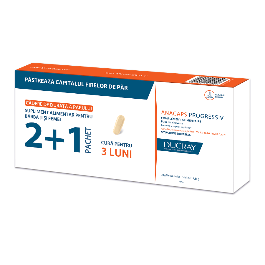 Pachet Supliment pentru păr Anacaps Progressiv, 30 capsule, Ducray (2+1)