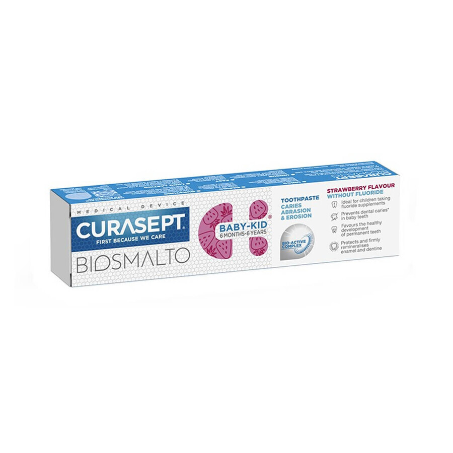 Pasta dentífrica fluorada con sabor a fresa ligeramente mentolada 6 meses - 6 años Biosmalto Baby-Kid, 50 ml, Curasept