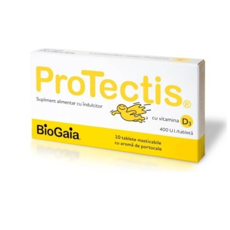 Protectis cu Vitamina D3 400UI aroma de portocale, 10 tablete masticabile, BioGaia