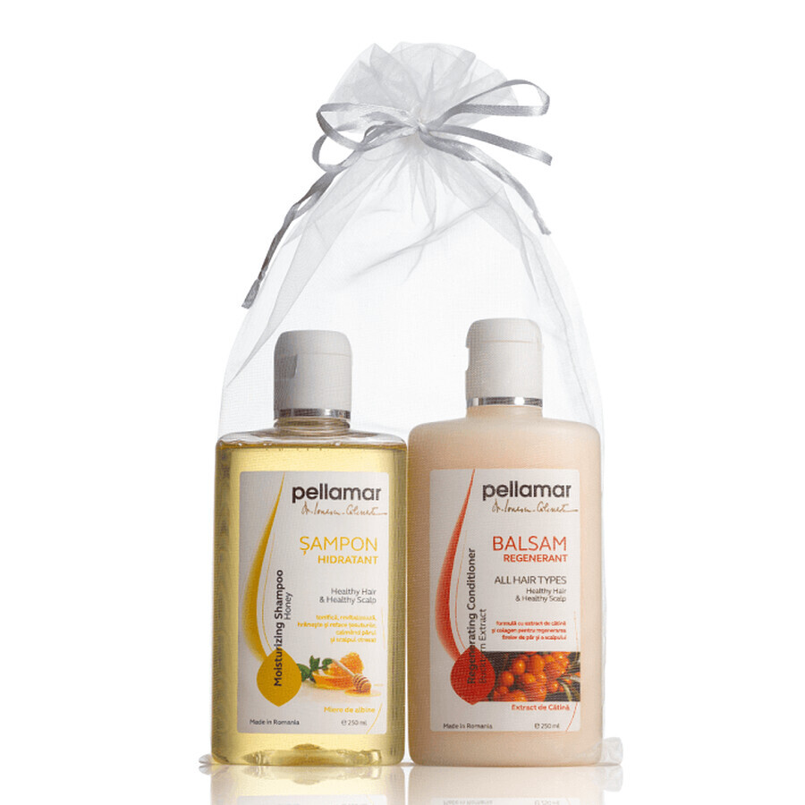 Sampon hidratant cu miere de albine Beauty Hair, 250 ml + Balsam regenerant cu ulei de catina Beauty Hair, 250 ml, Pellamar