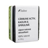 Săpun natural detoxifiant cu Cărbune Activ, Kaolin și Spirulina, 130 g, Sabio
