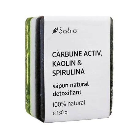 Săpun natural detoxifiant cu Cărbune Activ, Kaolin și Spirulina, 130 g, Sabio
