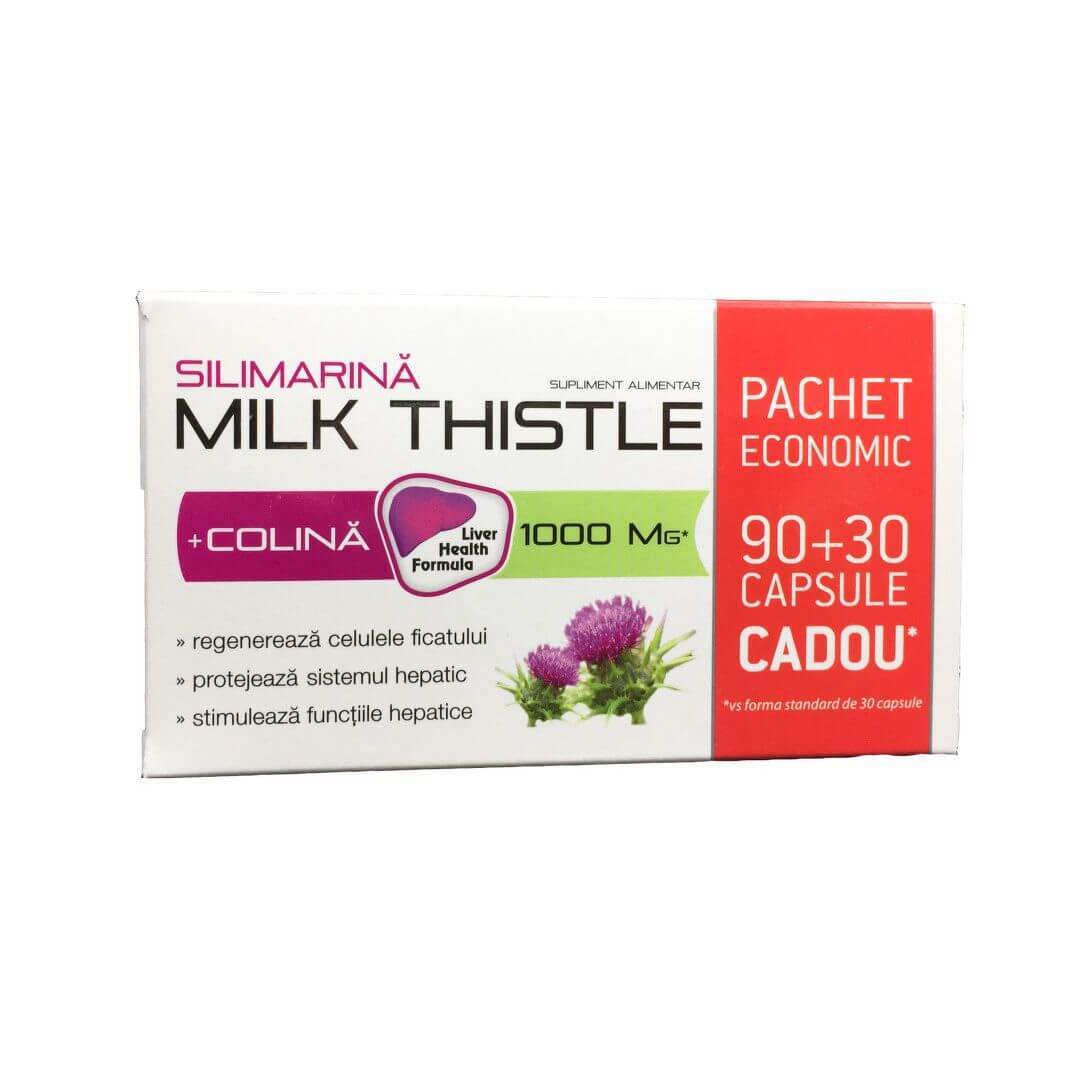 silimarina milk thistle 1000 mg pret farmacia tei Silimarina + Colina Milk Thistle 1000 mg, 90 + 30 capsule, Zdrovit