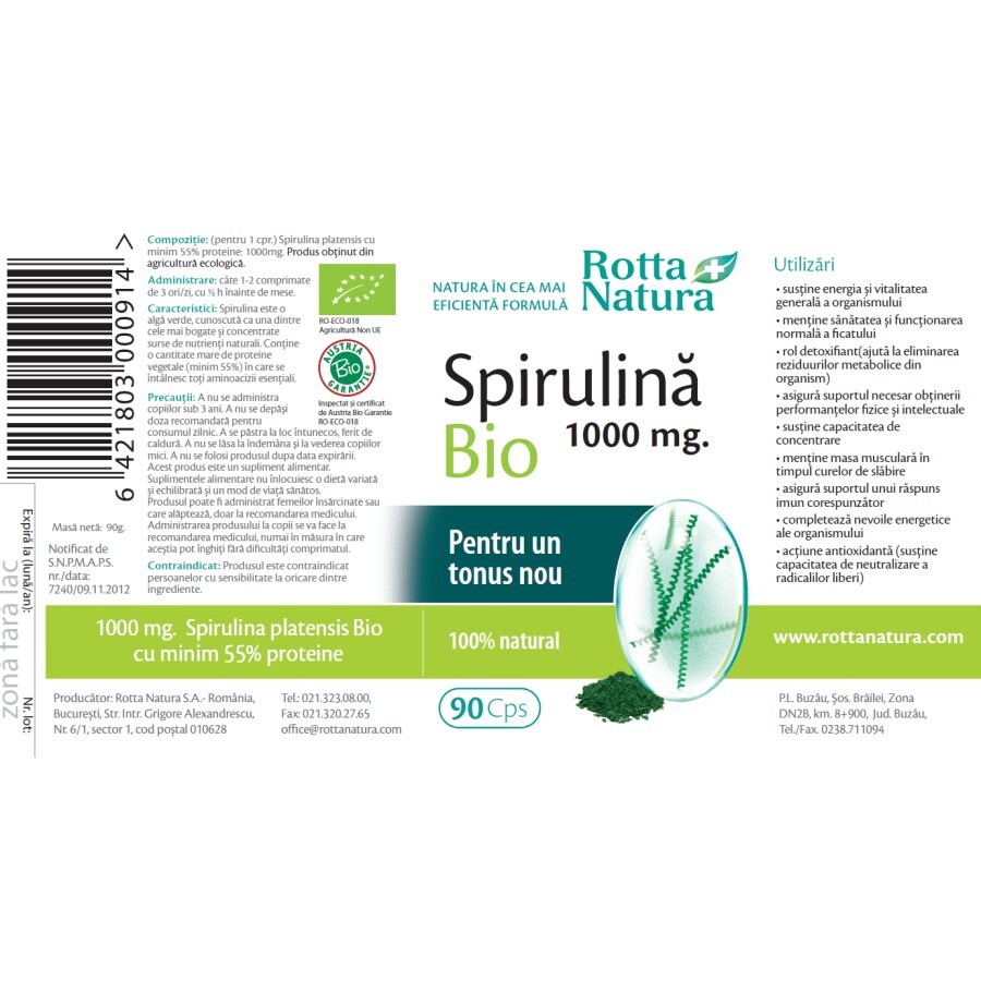 Spirulina Bio 1000 mg, 90 comprimate, Rotta Natura