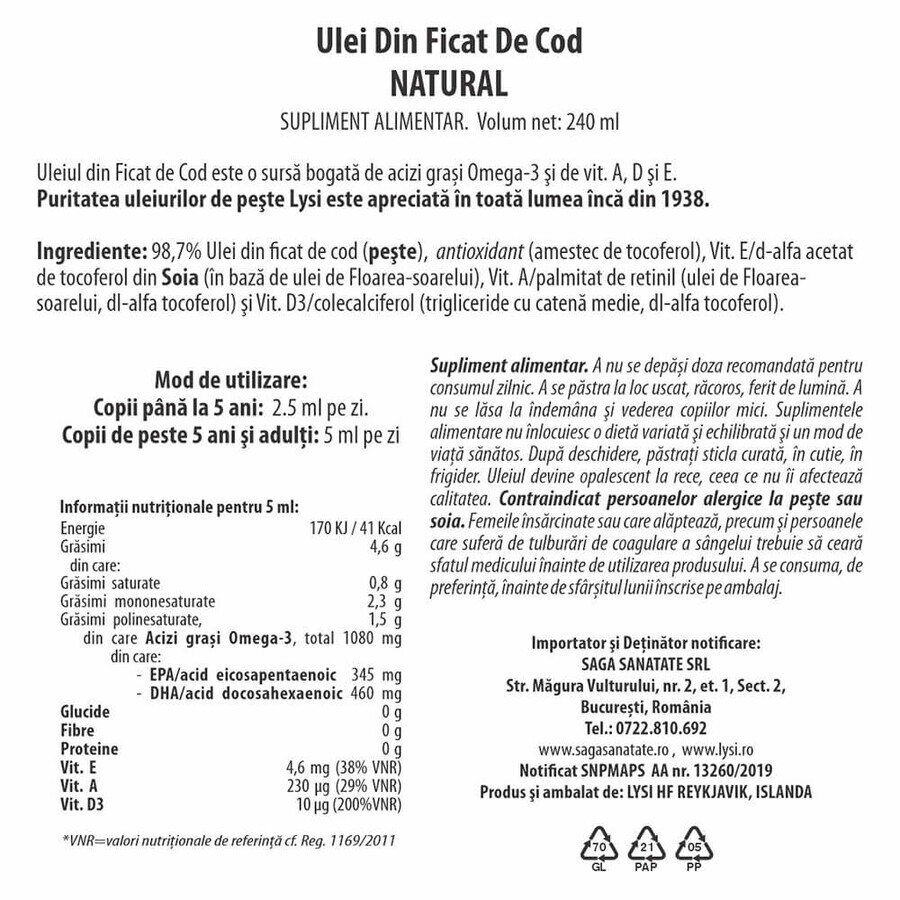 Ulei de ficat de cod, 240 ml, Lysi