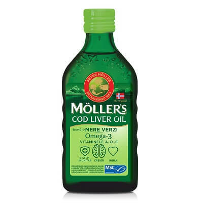 Ulei din ficat de cod Omega 3, Vitamina A-D-E, aroma mere verzi, 250 ml, Moller’s Mama si copilul