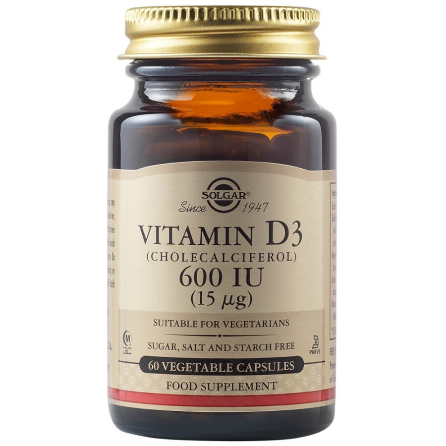 Vitamin D3 600 UI Colecalciferol 15 mcg, 60 capsule, Solgar
