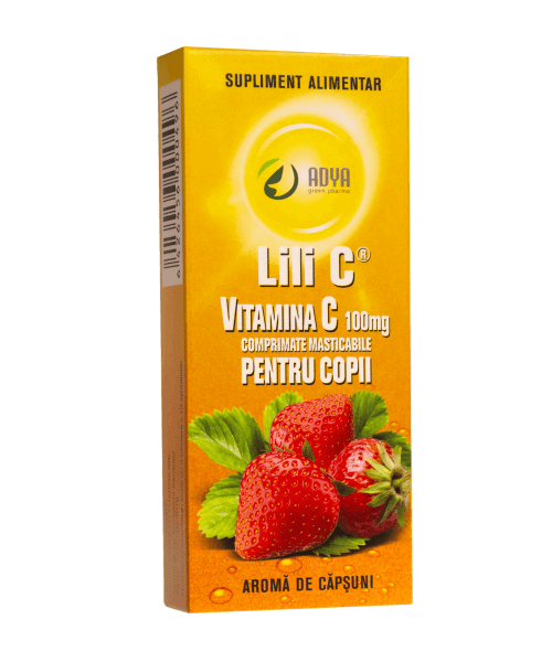 Vitamina C 100 mg cu aromă de căpșuni pentru copii, 30 comprimate, Adya