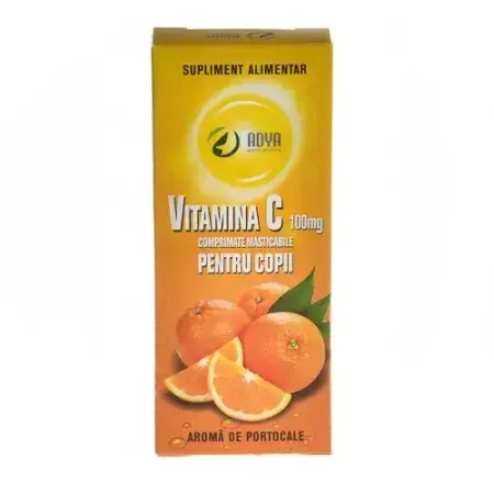 Vitamina C 100 mg cu aromă de portocală pentru copii, 30 comprimate, Adya