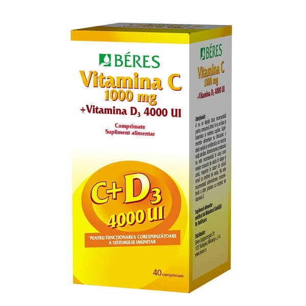 Vitamina C 1000mg + Vitamina D3 4000 UI, 40 comprimate, Beres Pharmaceuticals