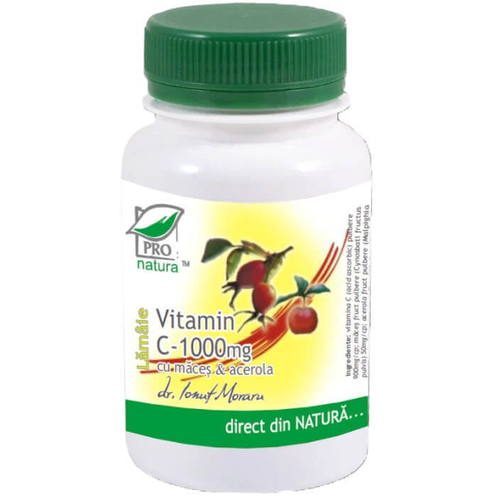 Vitamina C 1000mg cu maceșe și acerola cu lămâie, 60 comprimate, Pro Natura Vitamine si suplimente