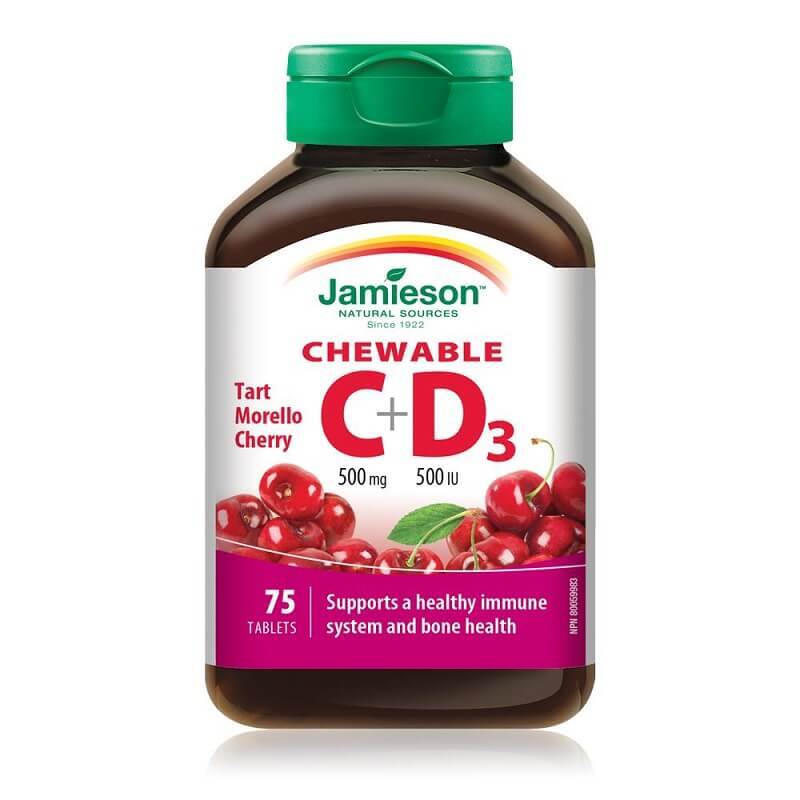 Vitamina C 500 mg + Vitamina D3 500 UI cu aroma de cirese, 75 comprimate masticabile, Jamieson Vitamine si suplimente
