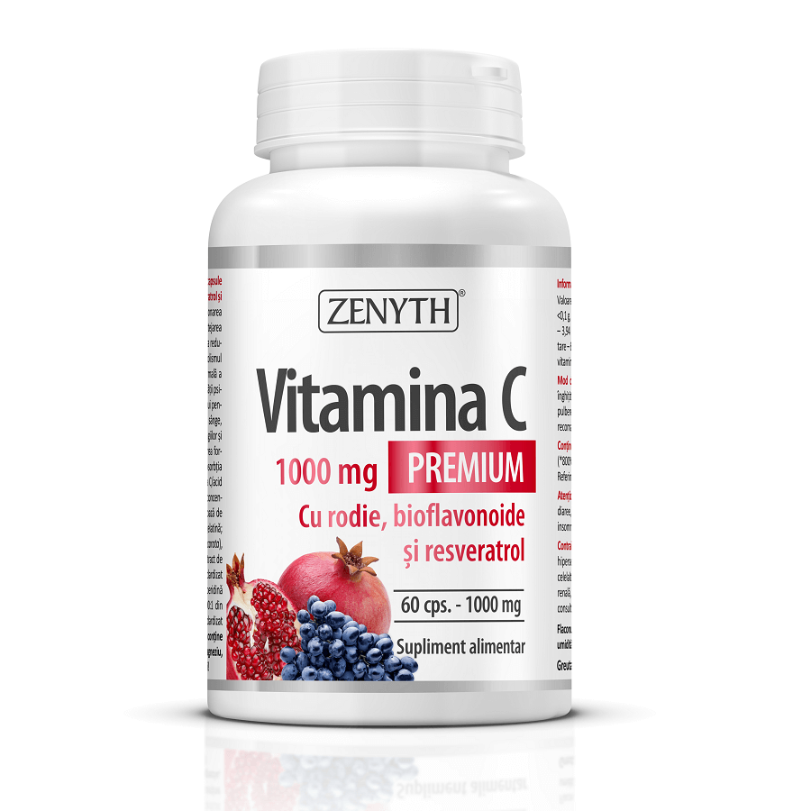 Vitamina C Premium 1000 mg cu rodie, bioflavonoide si resveratrol, 60 capsule, Zenyth Vitamine si suplimente