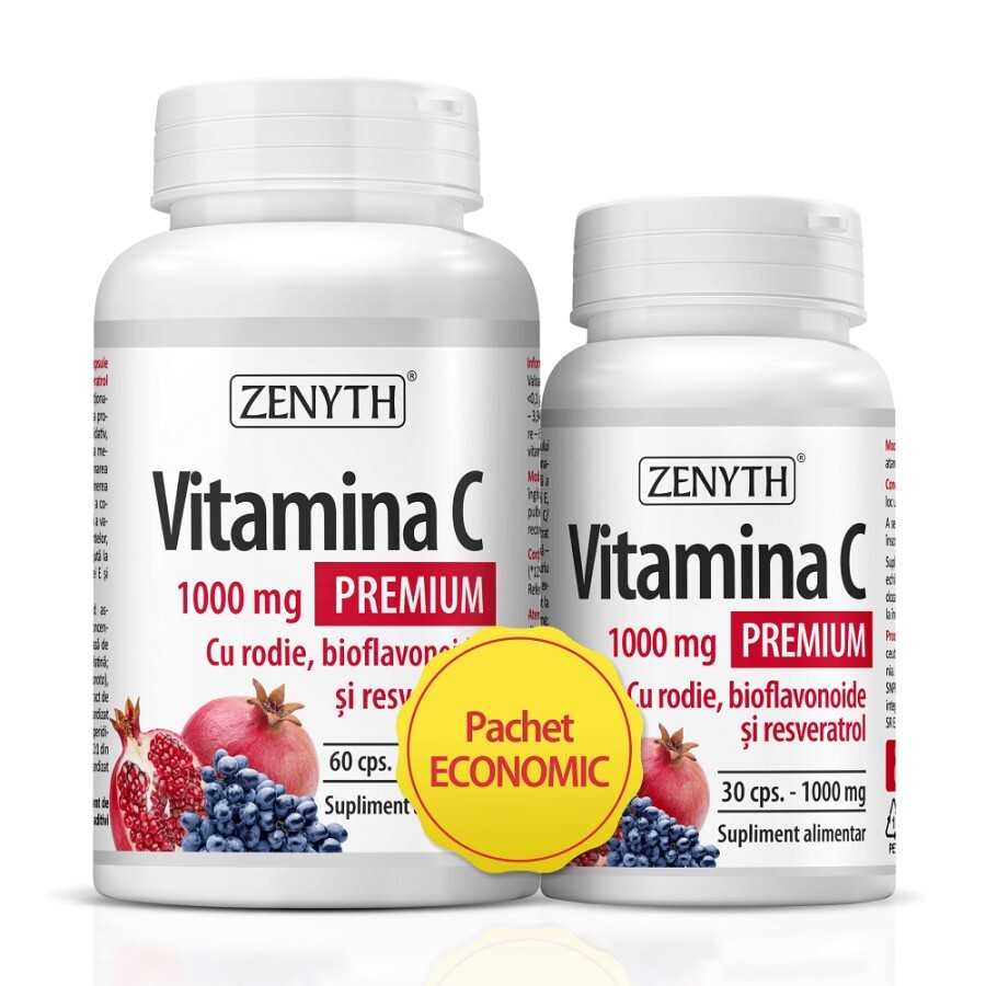 Vitamina C Premium cu rodie, bioflavonoide si resveratrol 1000 mg, 60+30 capsule, Zenyth recenzii