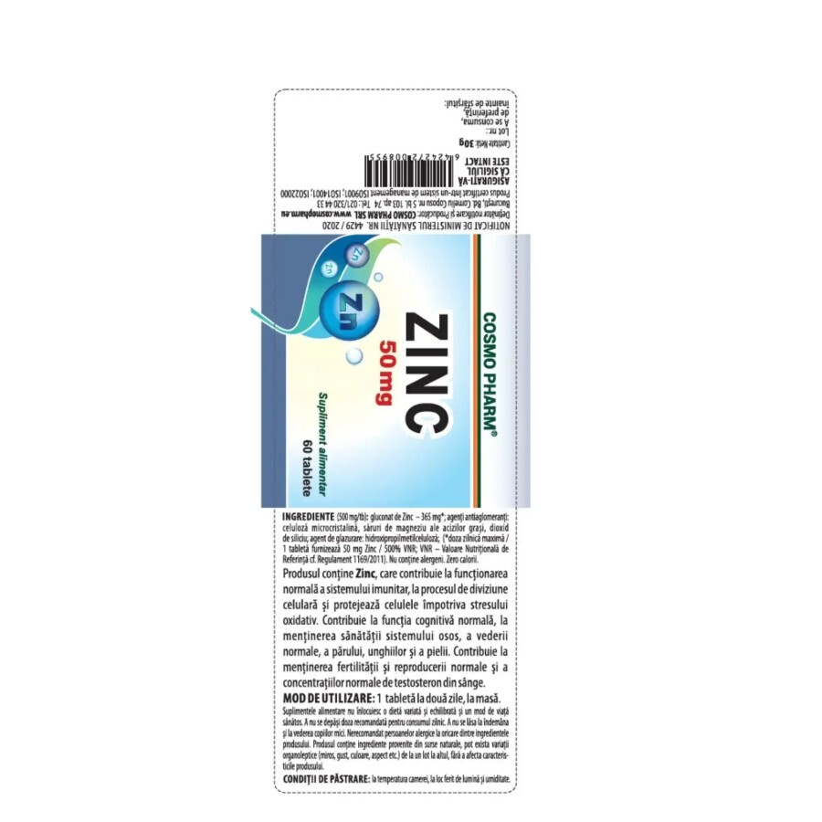 Zinc 50 mg, 60 tablete, Cosmopharm