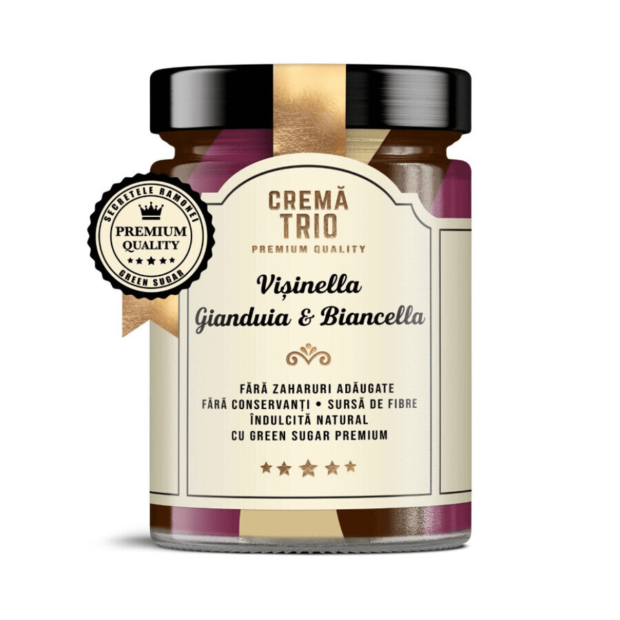 Crema tartinabila cu ciocolata, visine si ciocolata alba Trio Visinella, Gianduia & Biancella, 350 g, Remedia