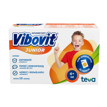 Vibovit Junior, pentru copii cu vârsta cuprinsă între 4 și 12 ani, aromă de portocale, 30 de pliculețe