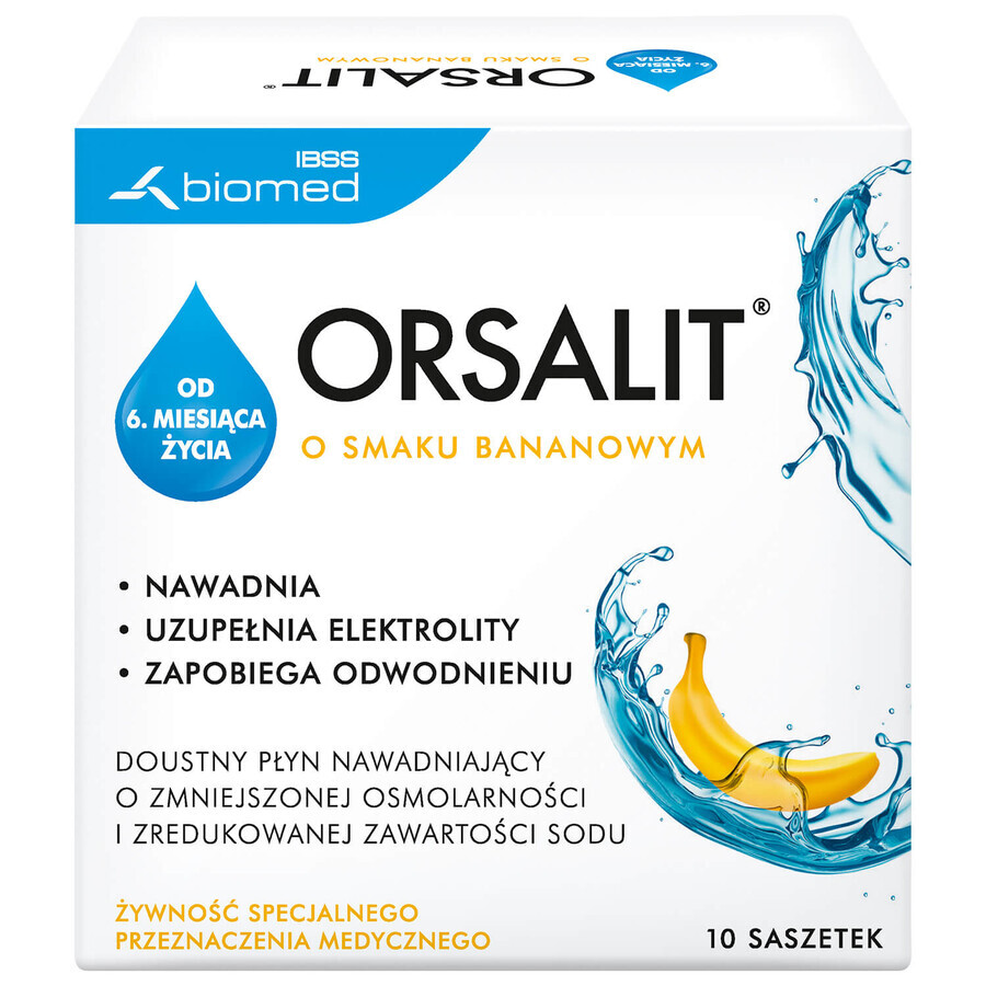 Orsalit, soluție de rehidratare orală pentru copii de la 6 luni, aromă de banane, 10 pliculețe