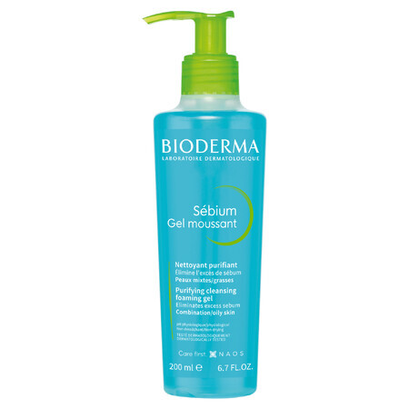 Bioderma Sebium Gel Moussant, Gel de curățare facială antibacteriană, ten mixt și cu tendință acneică, 200 ml