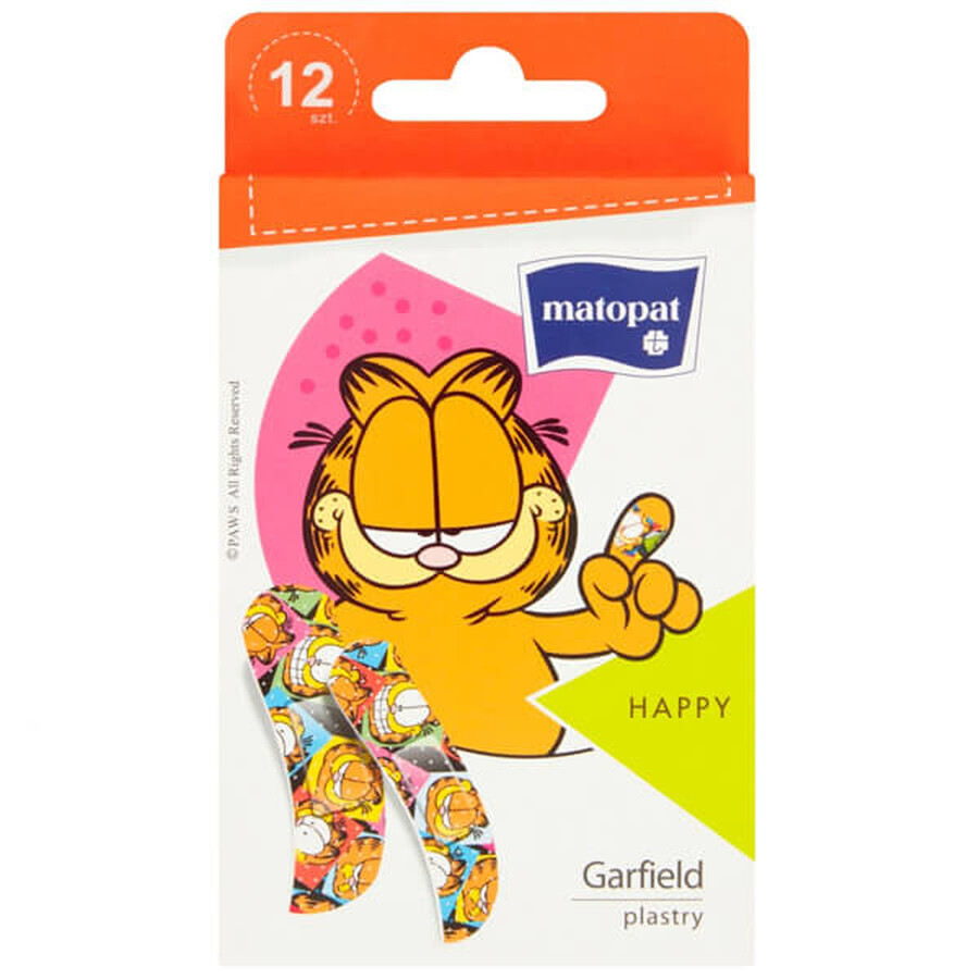 Matopat Happy, plasturi pentru copii cu pansament, Garfielfd, 12 bucăți