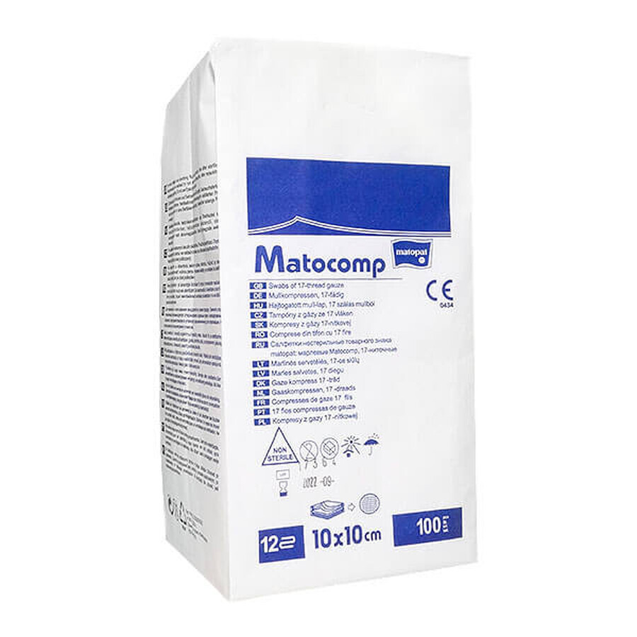 Matopat Matocomp Matocomp, tampoane de tifon nesterile, cu 17 fire, 12 straturi, 10 cm x 10 cm, 100 bucăți