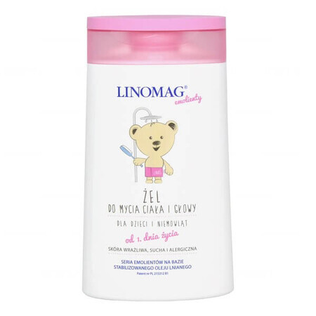 Linomag Emolients, Gel de spălare a corpului și a capului pentru bebeluși și copii din prima zi, 200 ml