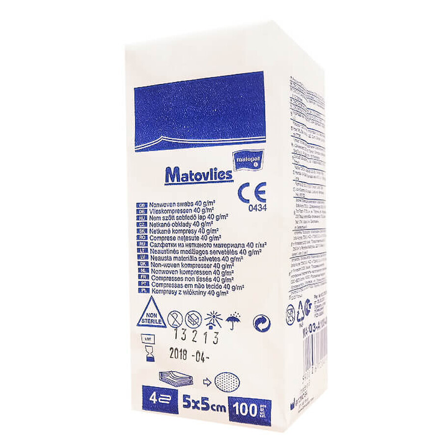 Matopat Matovlies, comprese nesterile, nețesute, 4 straturi, 40 g/m2, 5 cm x 5 cm, 100 de bucăți