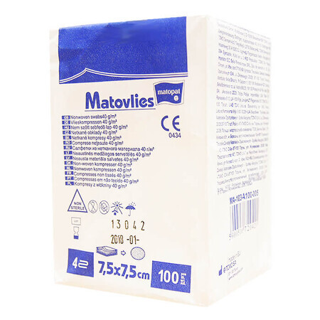 Matopat Matovlies, comprese nesterile, nețesute, 4 straturi, 40 g/m2, 7,5 cm x 7,5 cm, 100 bucăți