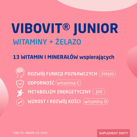 Vibovit Junior Vitaminas y hierro, para niños mayores de 4 años, sabor frutas del bosque, 30 comprimidos