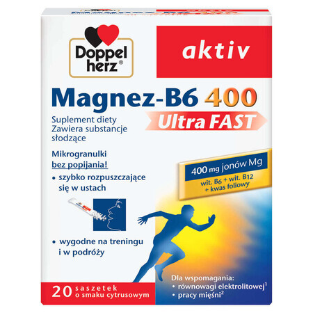 Doppelherz aktiv Magnesium-B6 400 UltraFast, aromă de citrice, 20 de pliculețe