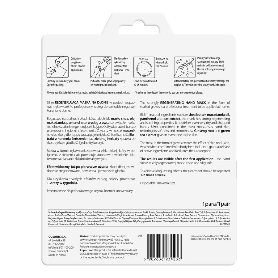 L&#39;Biotica Home Spa, regenererend masker voor handen, doorweekte handschoenen, 26 g