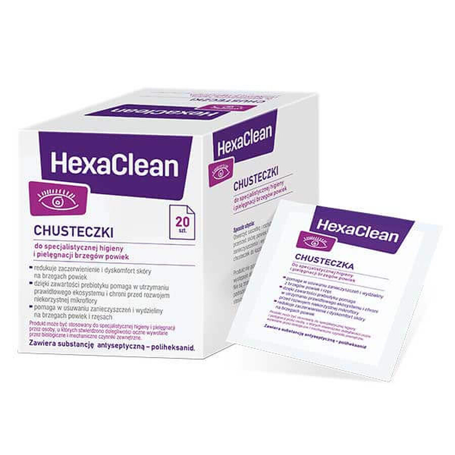 HexaClean, șervețele pentru igiena și îngrijirea specializată a marginilor pleoapelor, 20 bucăți