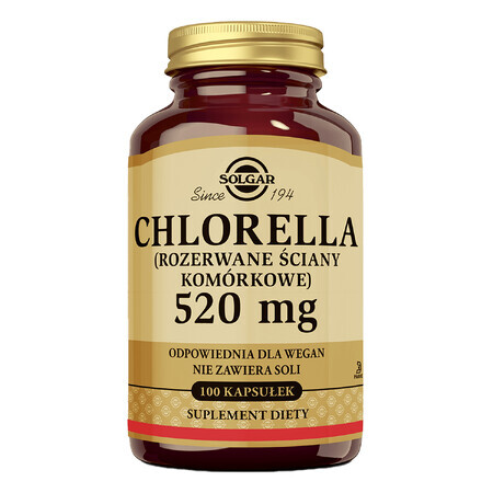 Solgar Chlorella, parois cellulaires perturbées, 100 gélules