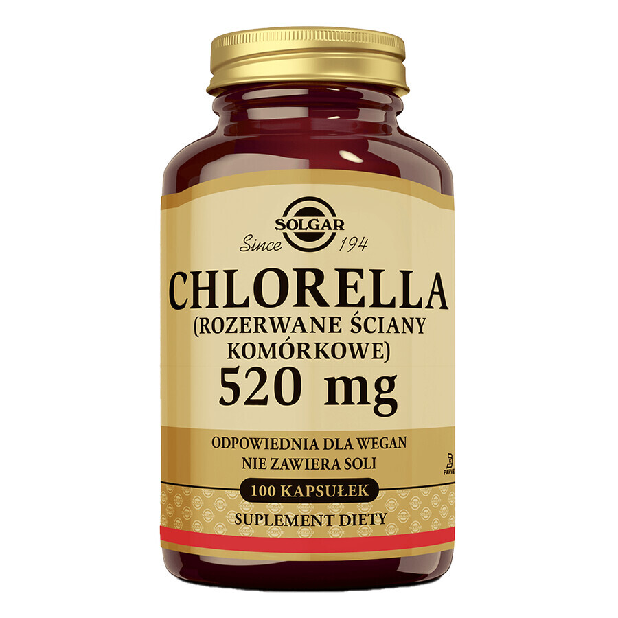 Solgar Chlorella, parois cellulaires perturbées, 100 gélules