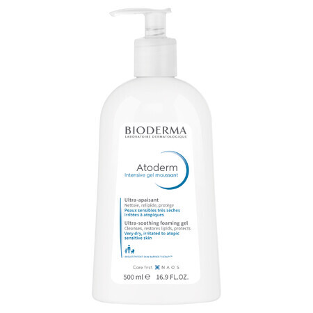 Bioderma Atoderm Gel Intensivo Moussant, gel limpiador suave para reducir el picor de la piel, sin jabón, 500 ml