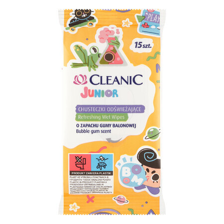 Cleanic Junior, șervețele răcoritoare cu lichid antibacterian, cu aromă de gumă de mestecat, 15 bucăți