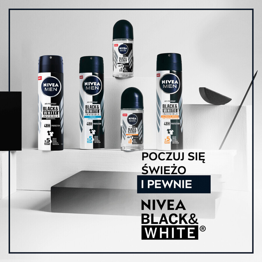 Nivea Men Black & White Invisible, antiperspirant roll-on pentru bărbați, 48h, Original, 50 ml