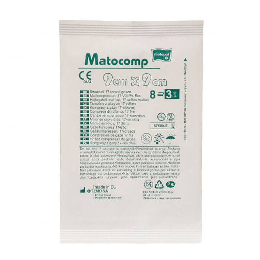 Matopat Matocomp Matocomp, comprese de tifon sterile, cu 17 fire, 8 straturi, 9 cm x 9 cm, 3 bucăți