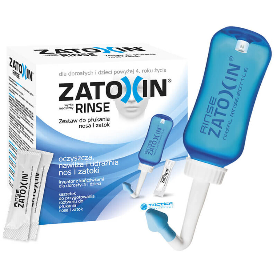 Zatoxin Rinse, set de clătire nazală și sinusală pentru adulți și copii peste 4 ani, irigator 300 ml + 3,2 g x 12 plicuri